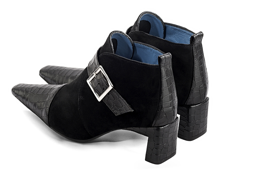 Satin black women's ankle boots with buckles at the front. Tapered toe. Medium flare heels. Rear view - Florence KOOIJMAN